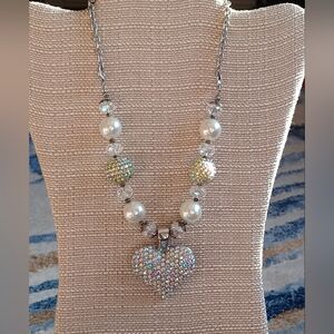 Y2K Silver-Tone Pave Crystal AB Heart Pendant Necklace 💖💟💫